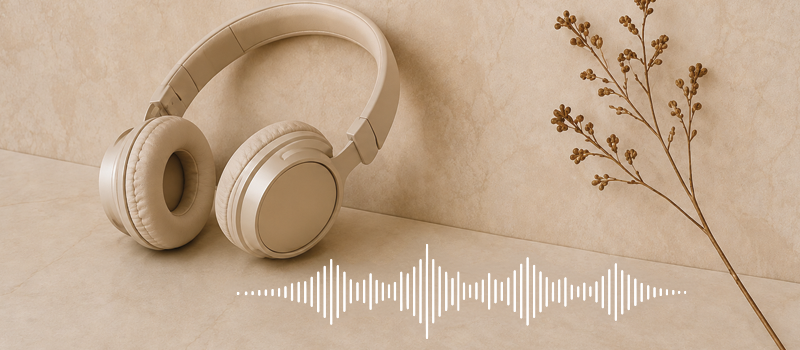Headphones beside an audio waveform